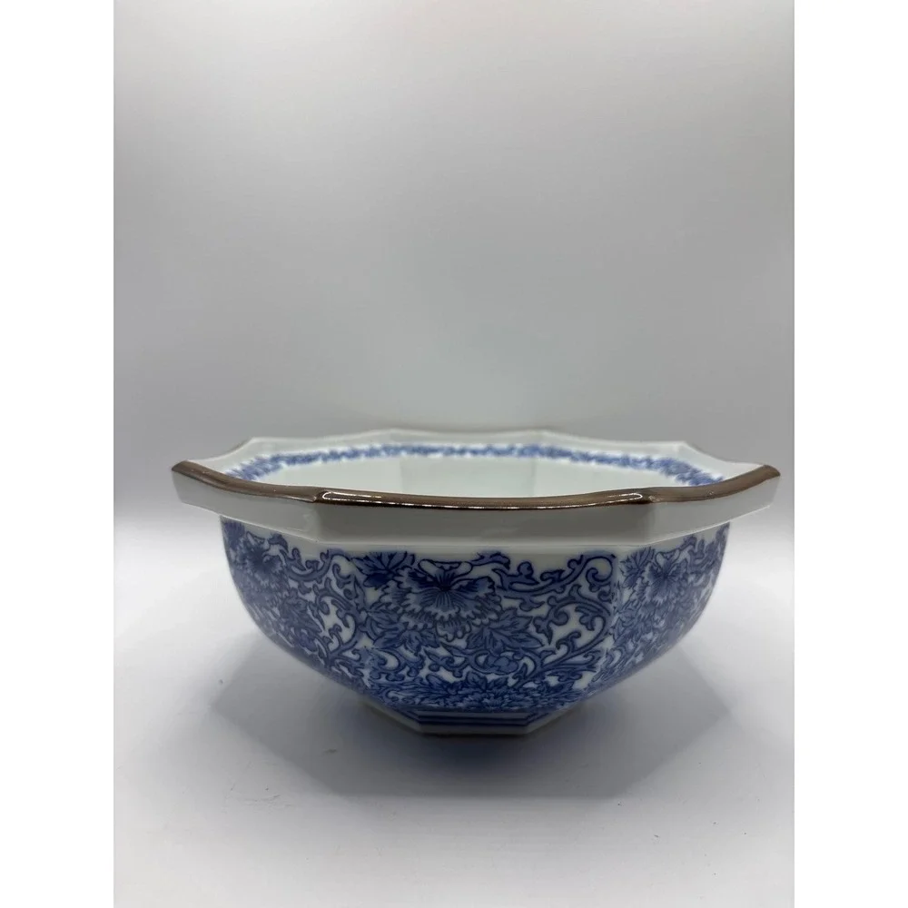 Vintage Japanese Blue and White Octagonal Porcelain Floral Bowl chinoiserie